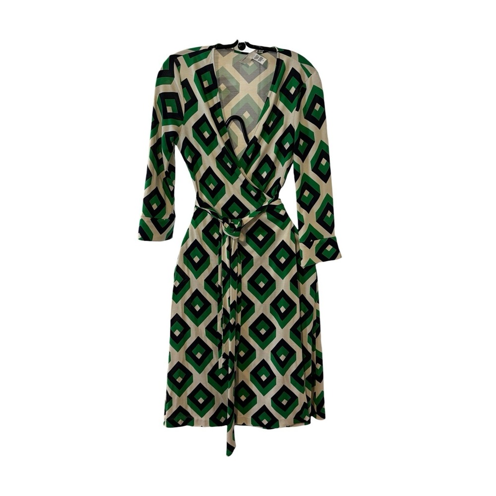 Diane von Furstenberg DVF Green Geometric Cube Print Wrap Dress Long Sleeve 6